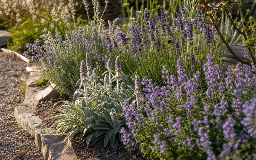 Rabatt med lavendel, kantnepeta och lammöron i full sol
