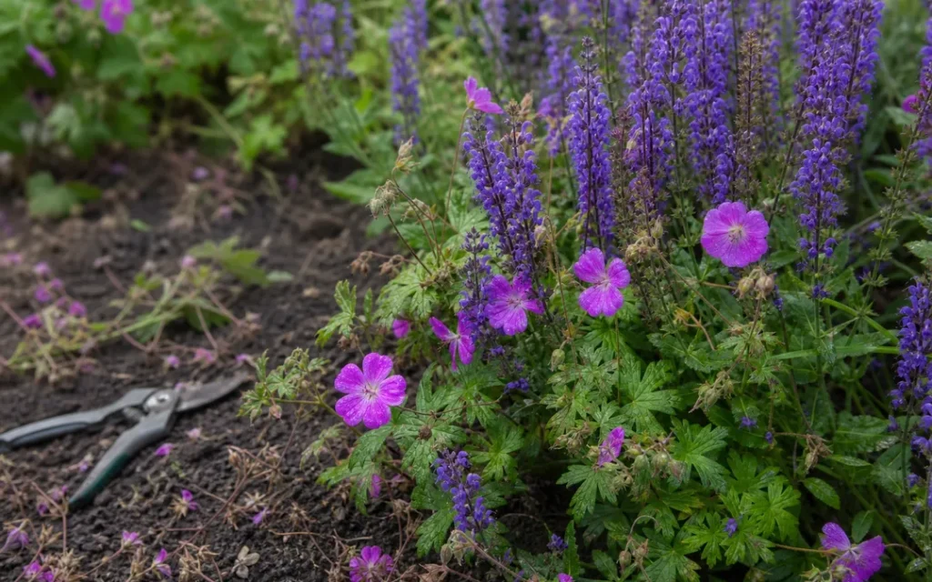 Stäppsalvia och trädgårdsnäva i blom i en rabatt med jord synlig mellan plantorna