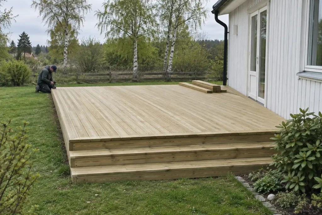 Nylagd trall till trädäck på baksidan av ett hus, med en person som skruvar vid kanten